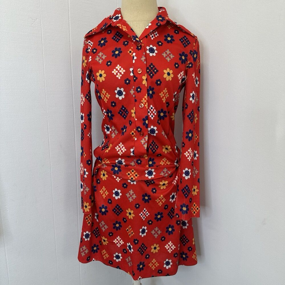 60s 70s Vintage Flower Power Print Drop Waist Mini Dress Petite Mod Hippie